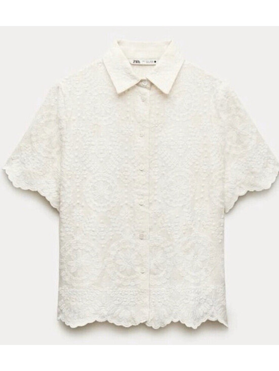 Zara Tops - Zara Blogger Favorite Embroidered Short Sleeve Button Down Shirt Blouse S White